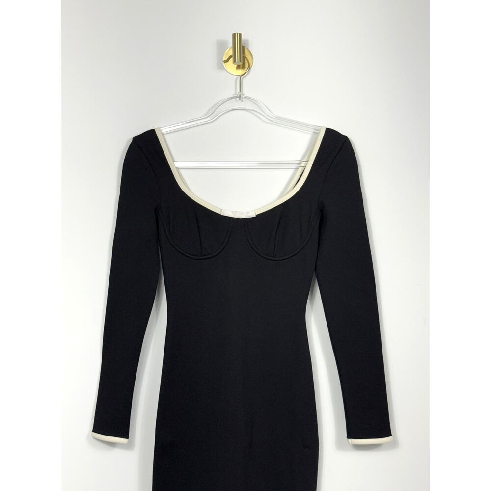 STAUD Berry Dress sleek black maxi white trim neckline long sleeves Sz XS - Picture 6 of 14